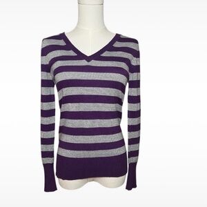 New York & Company Purple Metallic Stripe V-Neck Sweater | Y2K Office Chic